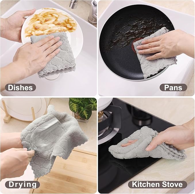 Homaxy 24 Pack Kitchen Dish Cloths (10 x 10 Inches, Grey), Super Soft and Absorbent Coral Velvet Dish Towels, Nonstick Oil Fast Drying Microfiber Cleaning Cloth, No Lint Household Dishcloths