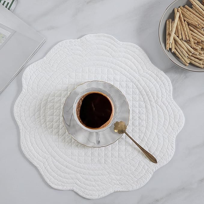 HOMBYS Quilted Placemats Set of 6 Washable Round Placemats for Kitchen Table-100% Cotton Fabric 14 Inch Round Table Mats, Cotton Fabric with Microfiber Filling, (14"x14", Pure White)