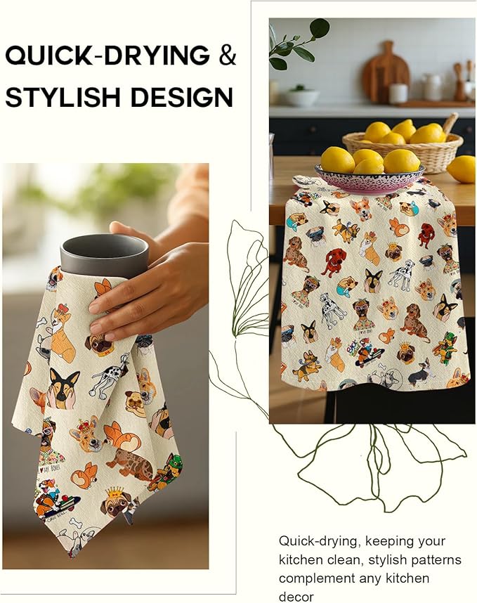 Miss Adola Flour Sack Kitchen Towels - Set of 2 Spring Dish Towels with Hanging Loop 18x26 Inch Absorbent Reusable Cotton Cloths for Cleaning Cute Design Home Decorative Housewarming, Dog Lovers