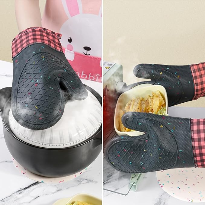 Wanheart Silicone Oven Mitts Heat Resistant, Non Slip Baking Mittens with Cotton Lining, Cute Confetti Pink Kitchen Decor for Cooking, 2-Pack