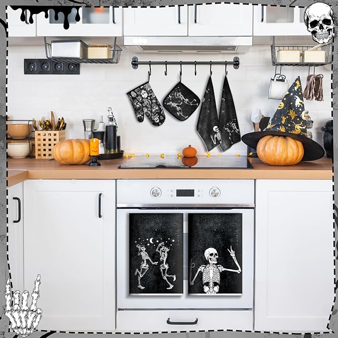 Leinuosen 6 Pcs Skull Kitchen Decor Set, Skull Kitchen Towels Gothic Oven Mitts and Pot Holders Skeleton Hand Dish Towels Horror Oven Mitts for Home Decor Party Gifts (Black,Cool)