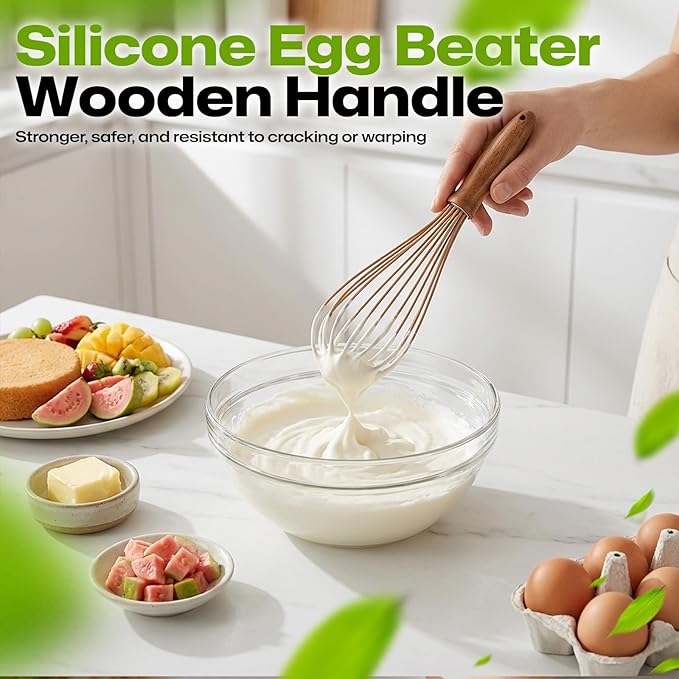 AIUHI Silicone Whisk with Wood Handle, 11.2" Balloon Egg Beater, Lightweight Kitchen Whisk for Blending Batter, Cream & Sauces