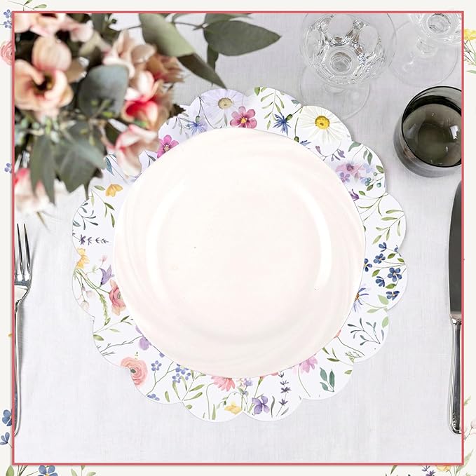 60Pcs Spring Flower Paper Placemats, 13.5 Inch Disposable Floral Placemat Round Wildflower Butterfly Place Mats Scalloped Table Mat for Mother's Day Wedding Banquet Baby Shower Bridal Shower Tea Party