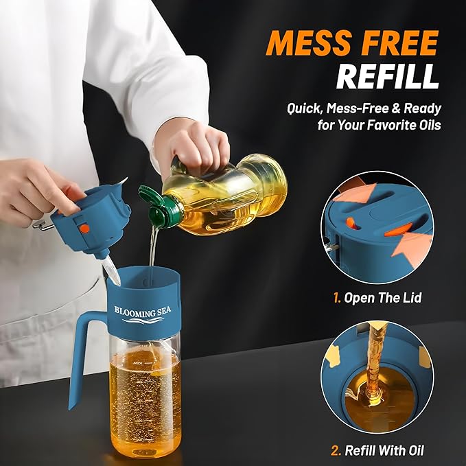 2-in-1 Oil Sprayer and Dispenser – 550ml Glass Olive Oil Bottle with Spray and Pour Modes – BPA-Free, Leakproof, Kitchen Oil Mister for Cooking, Air Fryer, BBQ (Deep Blue)