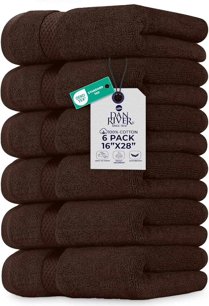 DAN RIVER 6-Pack Premium Hand Towels (16x28 Inches) - 100% Cotton, Ultra Soft, Lightweight, Highly Absorbent Towels for Bathroom, Spa, Gym, Salon, Hotel, and Travel - Brown