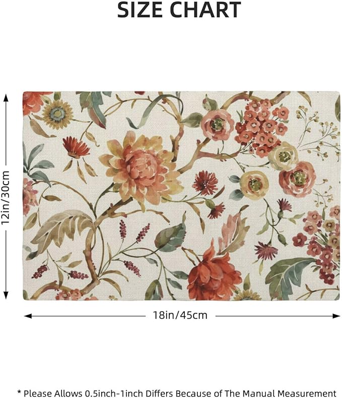 Boho Floral Placemats Set of 4 Vintage Watercolor Flower Decor Place Mats 12x18 Inch Retro Rustic Spring Seasonal Decorative Linen Table Mats for Home Kitchen Dining Party Table Decoration