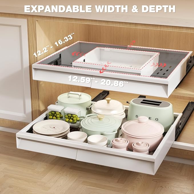 Seinloes 2 Pack Pull Out Cabinet Organizer With Raising Pad for Framed Cabinets,Expandable Width (13"-21") and Depth (13"-17"),3 Slide Rails Slide Out Drawers with Handle,No-Drill Roll Out Shelf,White
