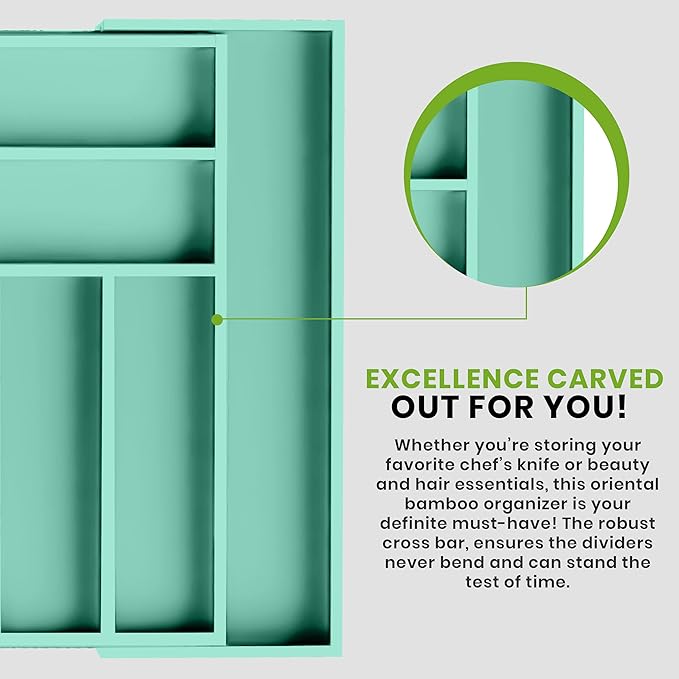 Utopia Kitchen Expandable Bamboo Utensil Drawer Organizer, Silverware Organizer for Cutlery, Utensils, Flatware Holder (6-8 Slots, Mint) Pack of 1