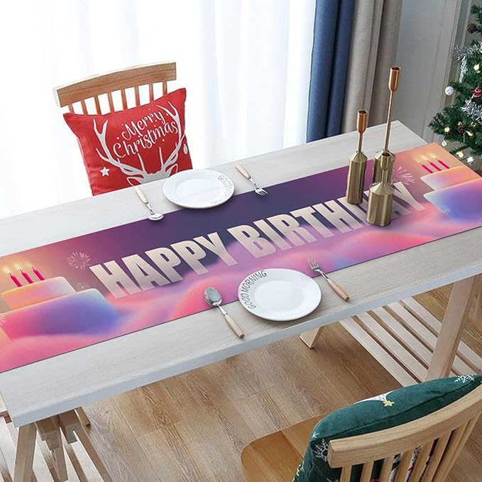 Happy Birthday Table Runner 13x72 Inch Birthday Cake Fireworks Clouds Farmhouse Polyester Linen Table Decoration for Kitchen Dinning, Indoor Outdoor Home Dinner Party (Pink)