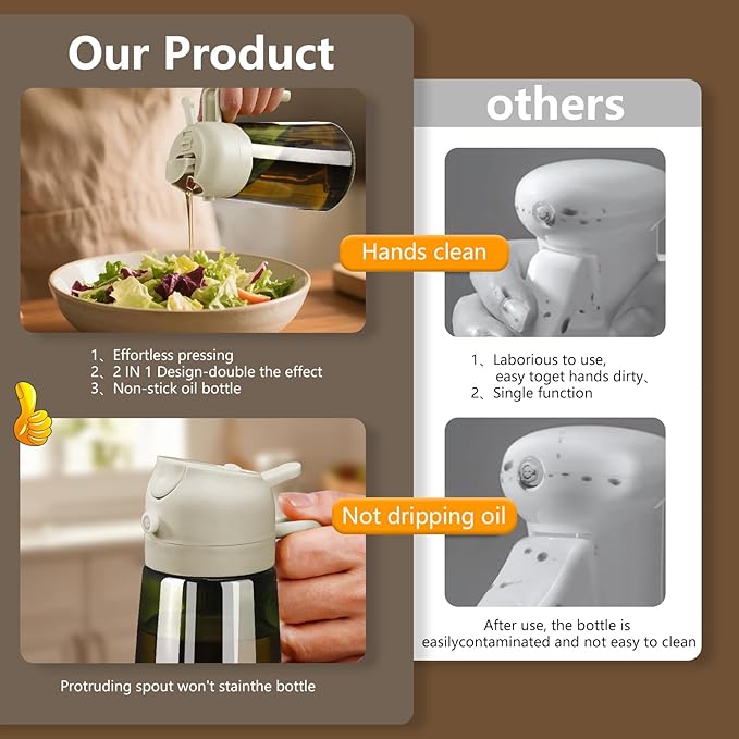 SWEET VIEW Olive Oil Dispenser and Oil Sprayer – 16oz/470ml Glass Light-Proof Oil Pourer for Kitchen, Air Fryer, Cooking, Salad, and BBQ