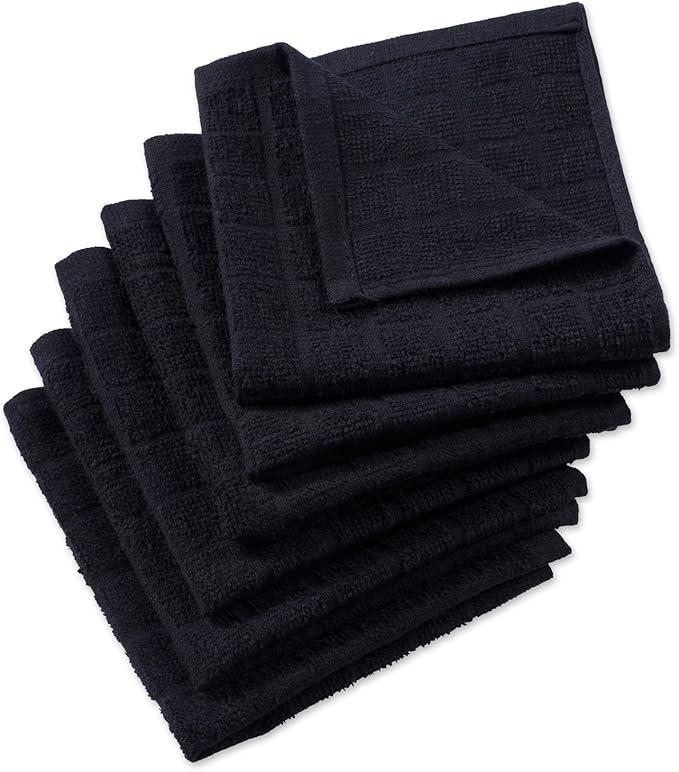 DII Basic Terry Collection Solid Windowpane Dishcloth Set, 12x12, Black, 6 Piece