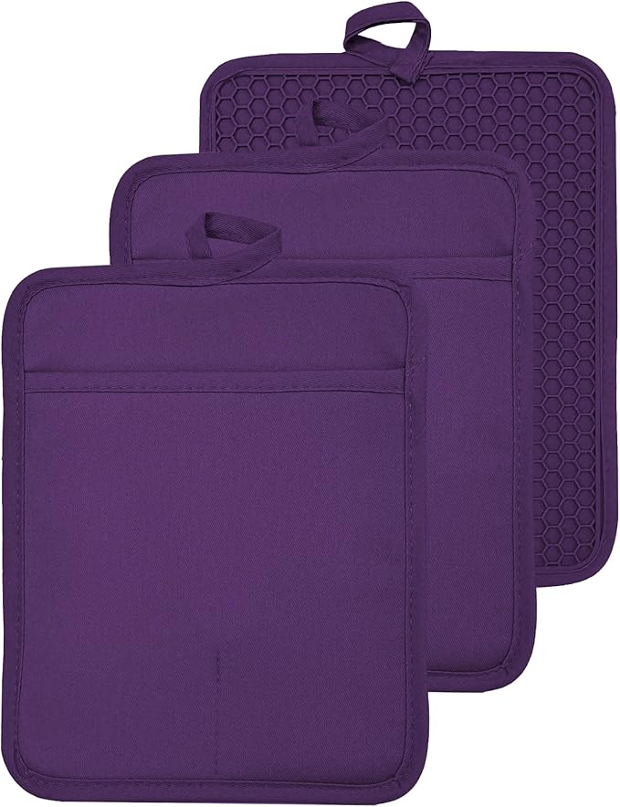 Oven Pot Holder with Pocket Cotton Heat Resistant Coaster Potholder Kitchen Hot Pad Oven Mitts for Cooking and Baking Square 7"x9" (Purple, Silicone)