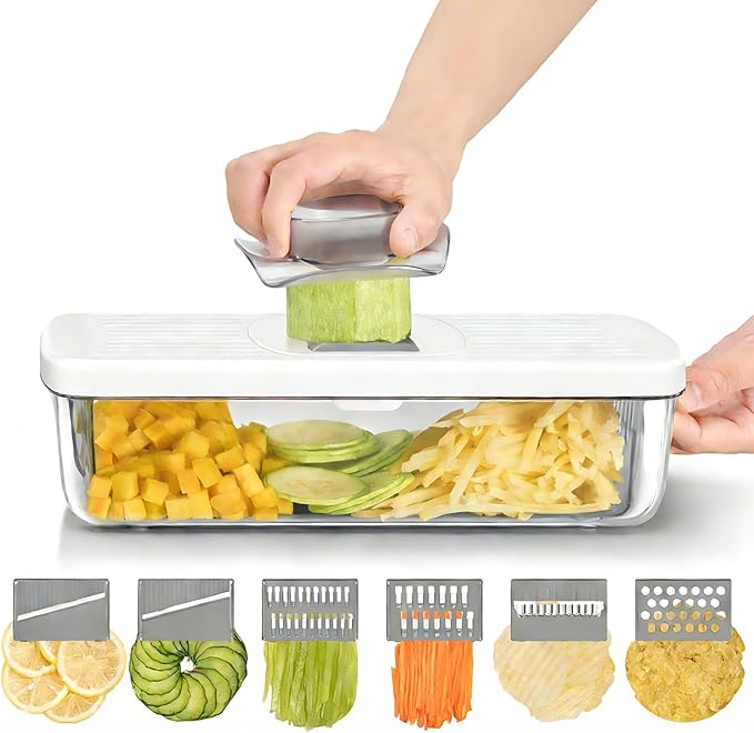 6-in-1 Vegetable Chopper Mandoline Slicer with 6 Blades & Container, Onion Cutter Dicer, Kitchen Gadgets & Essentials for Food Prep
