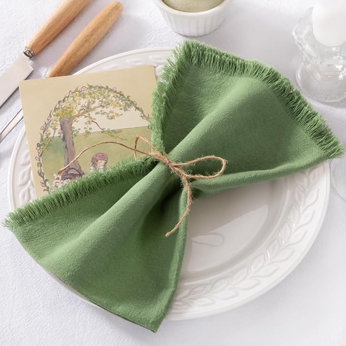 DeZerlor 12 Pack Sage Green Cotton Linen Napkins with Fringe Spring Cloth Napkins Set of 12 Boho Handmade Dinner Napkins Bulk for Wedding Bridal Baby Shower Parties, 17 x 17 Inches