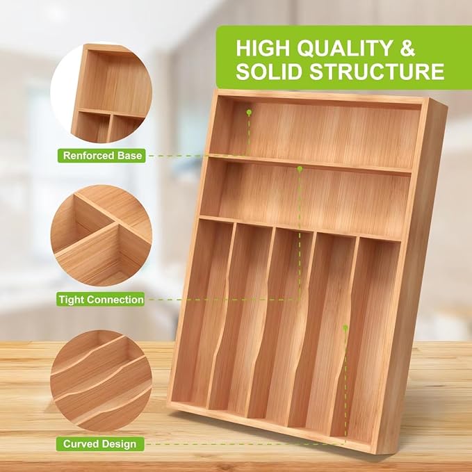 Unibambou Bamboo Utensil Drawer Organizer, Silverware Tray Organizer, Kitchen Drawer Organizer for Flatware Cutlery, Silverware Tray for Drawer (Natural, Large 16.5x12.3 Inch)