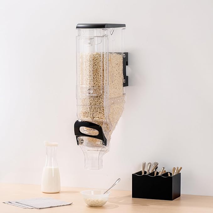 Restaurantware Cereal Dispenser 5 gal Plastic Wall-Mounted Gravity Bin Candy Dispenser Self-Serve Black Dry Food with Wall Mount Brackets for Breakfast Buffet or Hotel Use