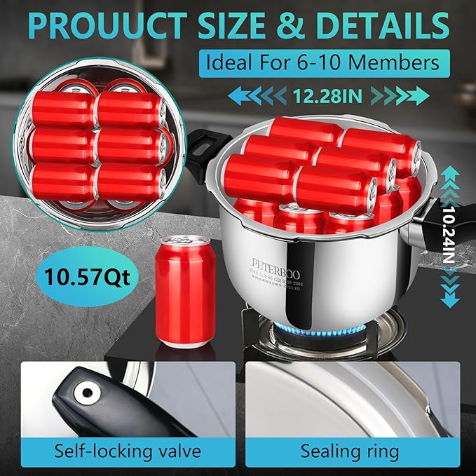 Premium 10.57 Quart Stainless Steel Pressure Cooker, Commercial Grade Luxury Cookware, Brand Quality Durability, Professional Performance for Large Families & Events
