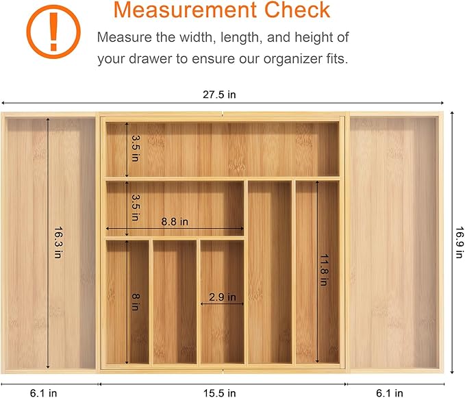Youpehom Bamboo Utensil Organizer for Kitchen Drawers, Utensil Tray and Cutlery Silverware Holder,Wood Drawer Dividers with 9 Slots