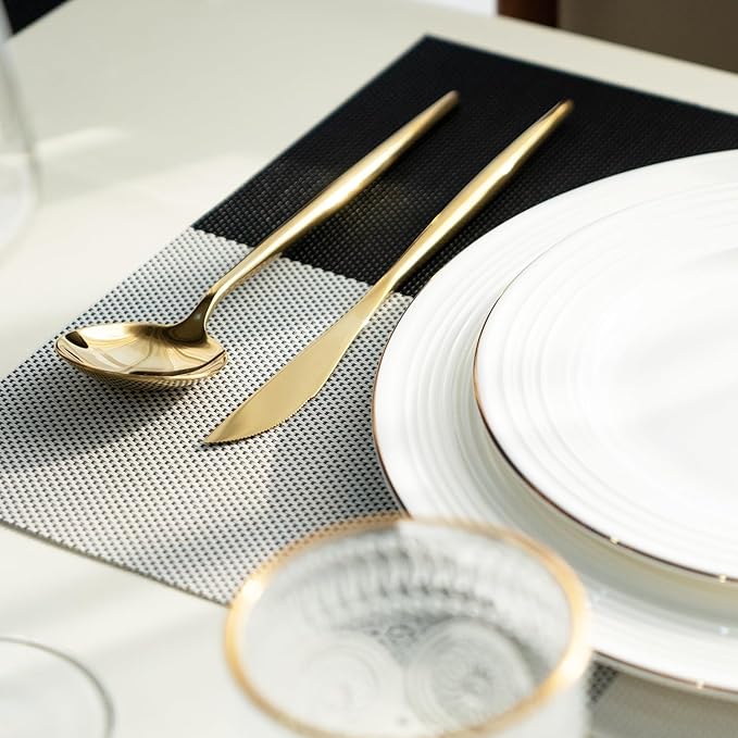 Placemats Set of 12 Vinyl/Plastic Woven Place Mats for Kitchen Table Indoor/Outdoor Washable Placemat Wipeable Dining Table Mats (Grey Grid,12)