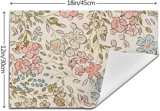 Pink Green Floral Placemats 12x18 Inch Set of 4, Cute Flower Pattern Table Place Mat Wildflowers Watercolor Washable Table Mats Decorative Linen Fabric Table Mat for Dining Table