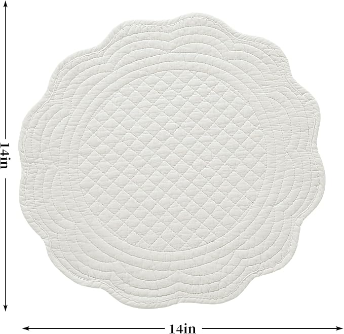HOMBYS Quilted Placemats Set of 6 Washable Round Placemats for Kitchen Table-100% Cotton Fabric 14 Inch Round Table Mats, Cotton Fabric with Microfiber Filling, (14"x14", Cream White)
