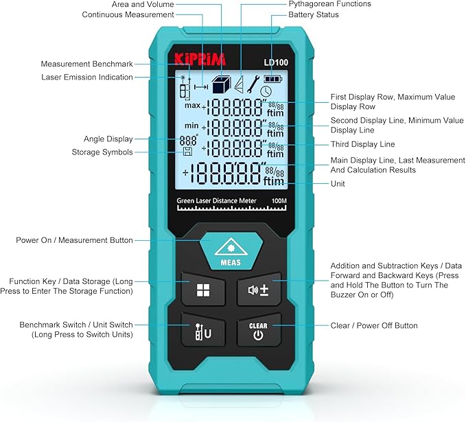 Kiprim Green Laser Distance Meter, 328ft Measuring Tool with USB Type-C Rechargeable Battery, ±1/16" Accuracy, Electronic Level, 10 Modes, Class II Laser, Reflector Plate LD100