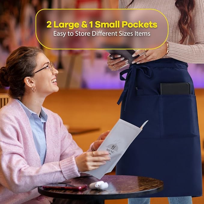 ROTANET Long Server Apron Black with 3 Pockets Bistro Half Aprons for Men Women Waiter Waitress Chef 28 Inch Waterproof