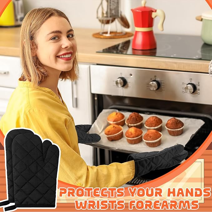 6 Pairs Heat Resistant Oven Mitts Kitchen Oven Gloves 11 Inch Long Quilted Cotton Polyester Kitchen Gloves for Cooking, Baking, Grilling BBQ (Black)