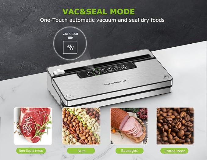 Bonsenkitchen Vacuum Sealer Machine, Stainless Steel Food Sealer Vacuum Sealers with 1 Roll & 5 Bags, 5 Food Vacuum Modes, Built-in Cutter & Bag Storage (Silver Black)