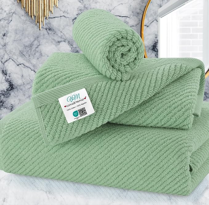 VOOVA & MOVAS Green Towels for Bathroom, 100% Cotton | Quick Dry | Soft | Thick, 3 Piece Towel Set, 1 Large Bath 30" x 56", 1 Hand 18" x 28", 1 Wash Cloth 13" x 13", Bathroom Essentials, Mint Green