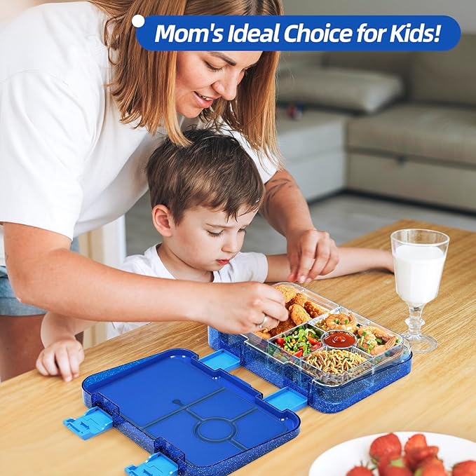 Bento Lunch Box for Kids, Plastic Lunch Box Case, 5/6 Tritan Compartments, BPA free, deal Portion Sizes for On-the-Go Meal, Shiny Blue and Clear