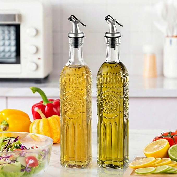 WERTIOO 4 Pack Olive Oil Dispenser Bottle for Kitchen,17oz Clear Glass Cooking Olive Oil and Vinegar Dispenser with Funnel, Delicately Engraved Glass Bottles for Kitchen
