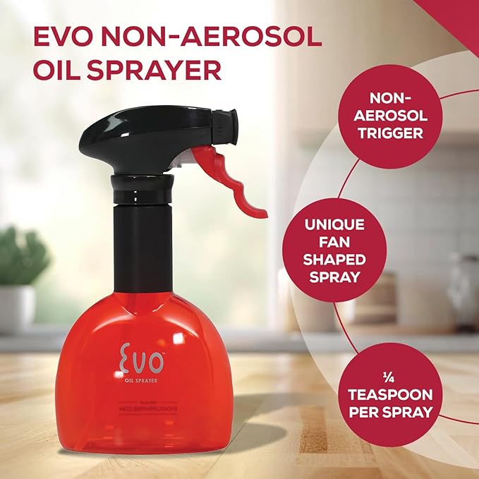 Evo Oil Sprayer Minis, Non-Aerosol for Olive, Cooking Oils, and Vinegars, Red, 8-Ounce Capacity, Set of 2