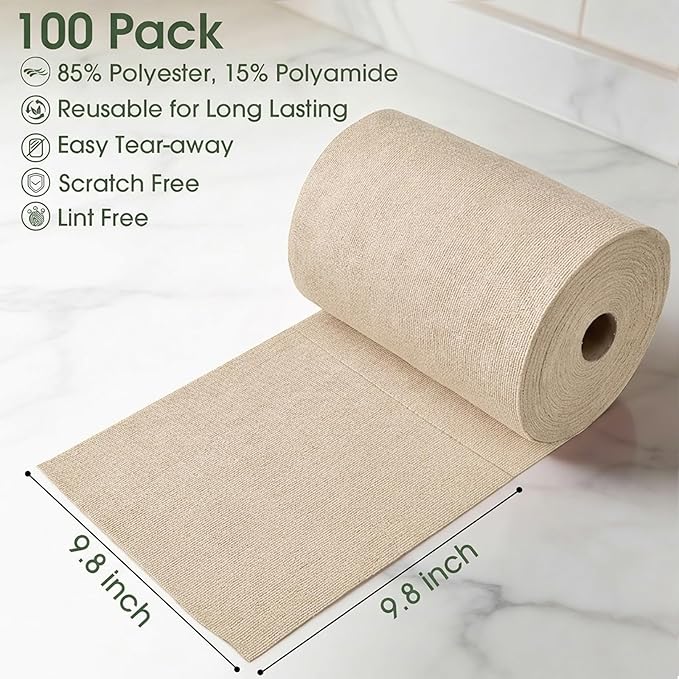 Microfiber Cleaning Cloth Roll - 100 Pack Tear Away Microfiber Paper Towels, Reusable, Washable, Scratch-Free, Kitchen Towels for Car, Home, Kitchen, Glass, Dishes(Desert Gold)