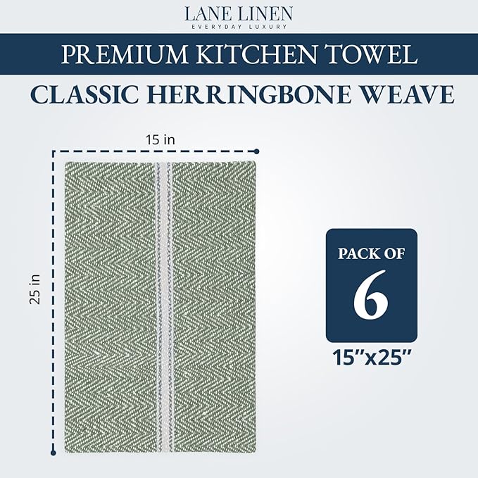 LANE LINEN Kitchen Towels Set - 100% Pure Cotton Dish Towels for Kitchen, Super Absorbent Kitchen Hand Towel, Tea Towels, Soft & Durable Dish Cloths, Pack of 6 – 14”x25”, Olive