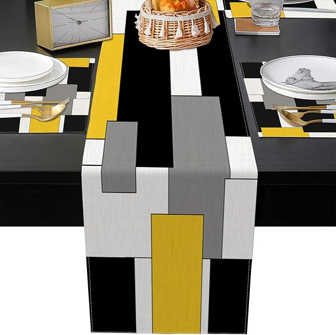 ArtSocket Geometric Table Runner and Placemats Set of 6, Yellow Black Grey Abstract Painting Art Dining Decor for Daily Use(1 Table Runner 72 inches Long and 6 Placemats)