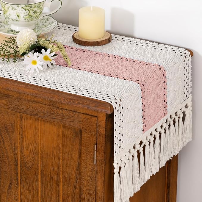Socomi Boho Table Runner Macrame Easter Spring Farmhouse Woven Cotton Linen Rustic Coffee Table Runner with Tassels for Dresser Scarf Home Decor Dining Room 12x90 inPink Ivory