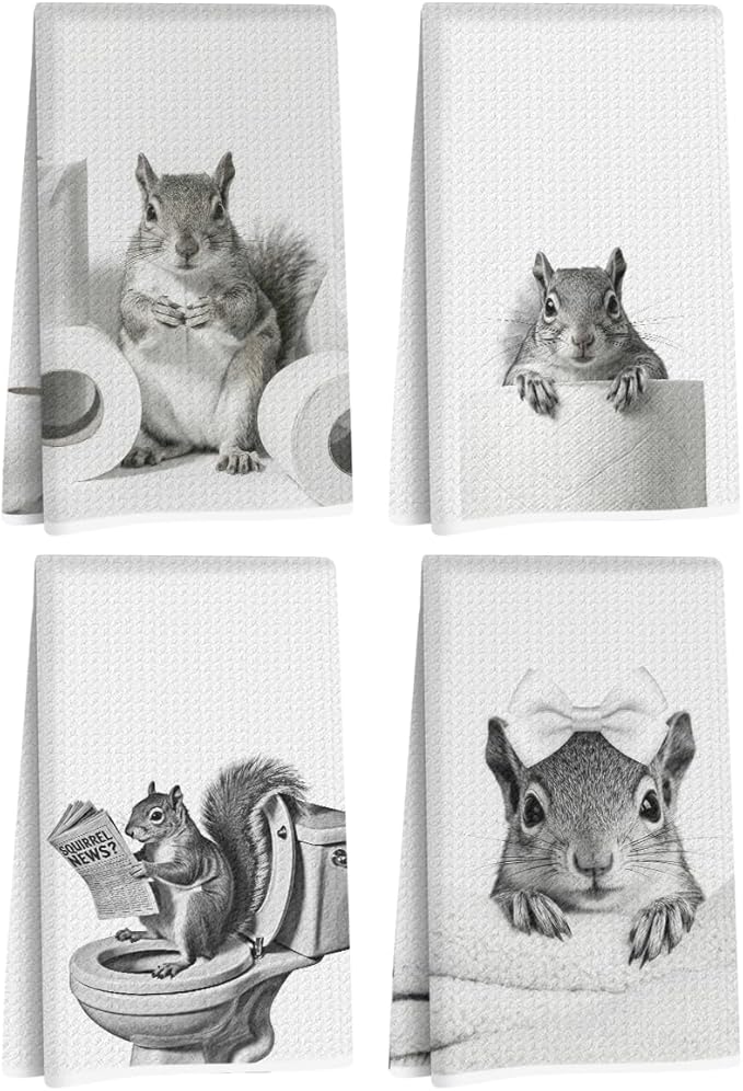 4 Pcs Funny Squirrel Decor Bathroom Hand Towels 24x14 Inch, Squirrel Gifts Reusable Dish Towels for Bathroom Restroom Decor, Cute Animal Waffle Weave Hand Towel, Squirrels Lovers Gifts for Women Mom