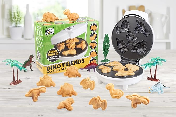 Dinosaur Mini Waffle Maker- 5 Different Double Sided 3D Shaped Dinos in Minutes- Kids Adults Breakfast Fun w/Cool Novelty Pancakes, Electric Baker, Non-Stick Waffler Iron w Recipe Guide, Gift for Him