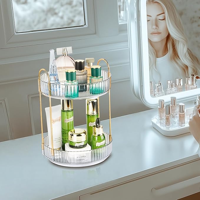 360 Rotating Makeup Organizer - Large Capacity Spinning Perfume & Cosmetic Skincare Holder for Countertop (Pearl White, 2 Tier)