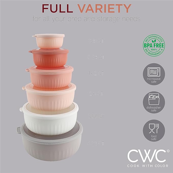 COOK WITH COLOR Prep Bowls with Lids- Wide and Deep Nesting Plastic Small Mixing Bowl Set with Lids, 12 Piece Set - (Multi Colored), Grey/Pink