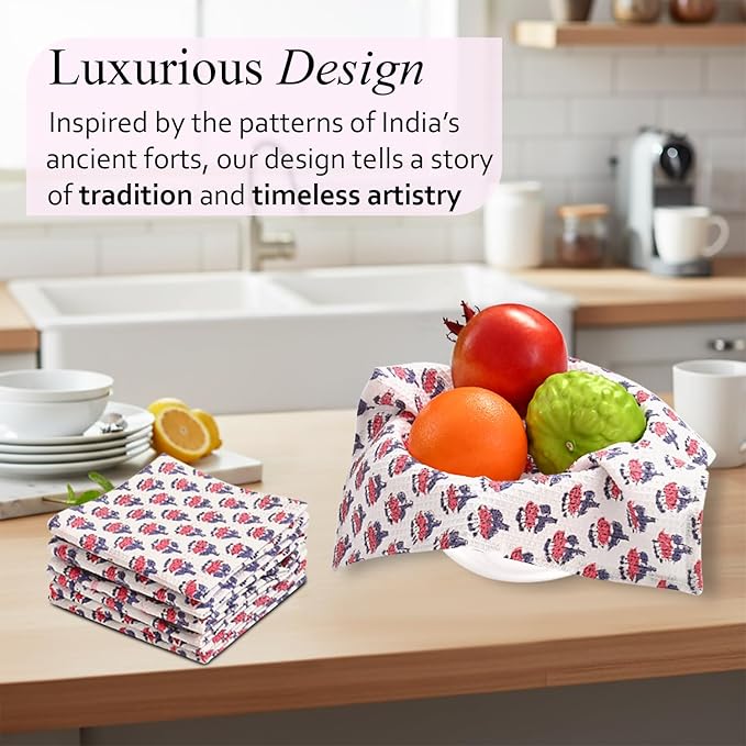 CPC Pink Sapphire Hand Block Printed Cotton Waffle Dish Cloth Set of 6-12x12 Inch Super Absorbent, Soft, Reusable Kitchen Towels for Dish Drying & Cleaning Ideal for Spring, Mother's Day