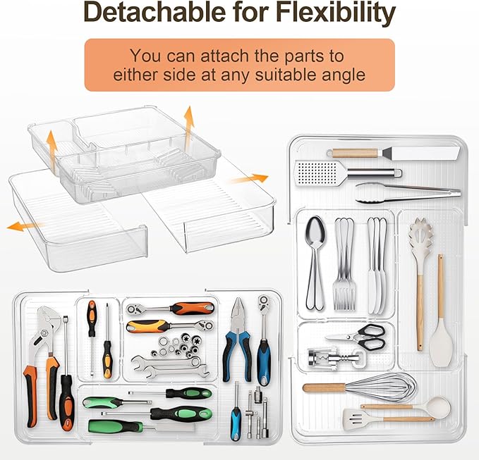 Expandable Drawer Organizer-Adjustable Shallow Tray, 11" to 19" Width,1.97" Height, Clear Plastic Storage for Bedroom, Living Room, Kitchen/Bathroom/Office/Cosmetic/Tools/Cutlery/Stationery