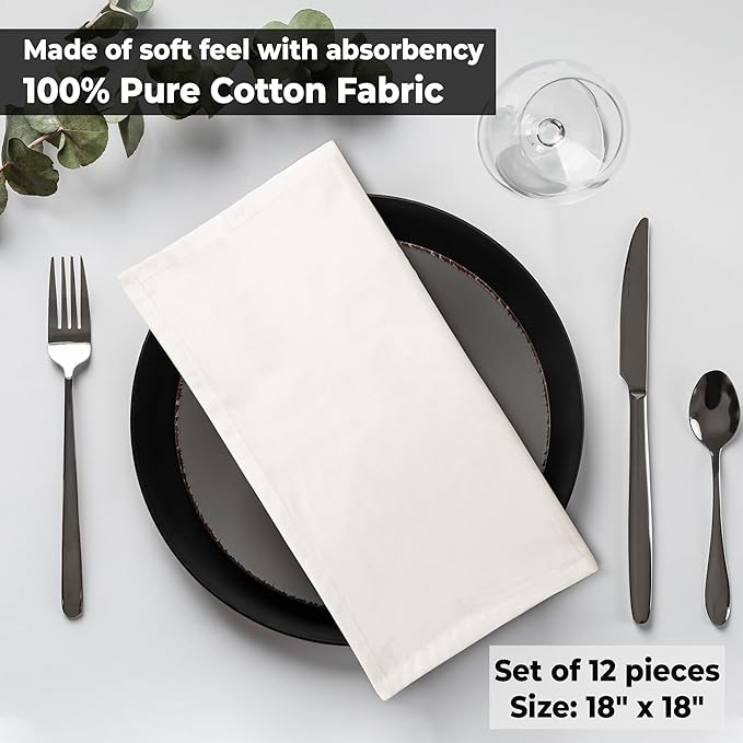 Urban Villa Cloth Napkins Ivory Dinner Napkins Set of 12 (18X18) 100% Cotton Absorbent Washable Durable Reusable Cloth Napkins Ideal for Easter Decorations Hotel Collection Farmhouse Parties Napkins