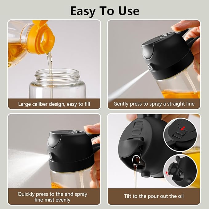 SWEET VIEW 2PCS Oil Sprayer for Cooking, 16oz/470ml Glass Oil Dispenser/Pour Bottle, Kitchen Accessories, Kitchen Gadgets for Air Fryer, Salad, BBQ, with Stickers (Black,White)