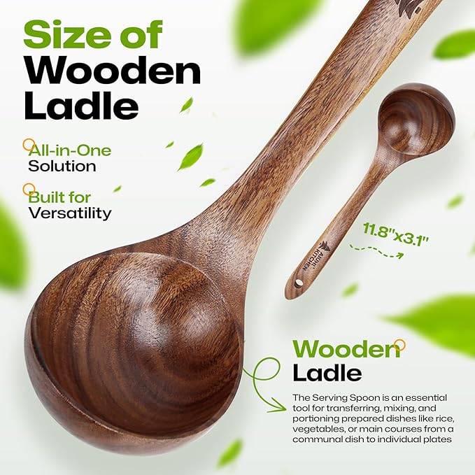 AIUHI Wooden Ladle for Cooking,Teak Wood Soup Ladle, Long Handle Deep Scooper Wooden Serving Spoon – Non-stick & No Scratch