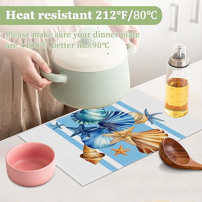 Sea Shell Starfish Placemats Set of 6, Washable Heat Resistant Table Mat Linen Place Mats for Party Kitchen Dining Home Decor 12x18 Inch