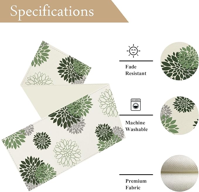 Sage Green Grey Table Runner Dahlia Pinnata Flower Beige Table Runners Modern Elegant Pompon Farmhouse Geometric Table Center Decor for Home Dining Party Entrance (13 x 36 Inch)