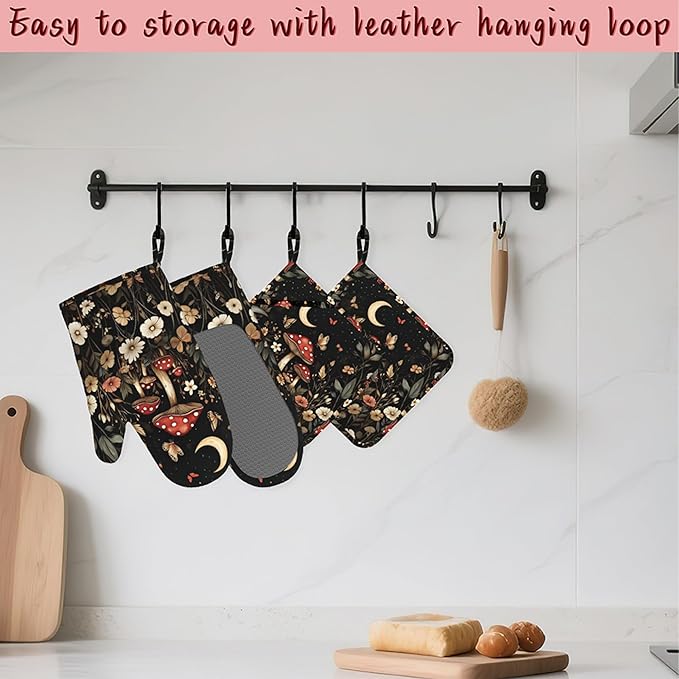 Red Mushroom Butterfly Heat-Resistant Silicone Oven Mitts and Pot Holders,Moon Plant Flowers Long Oven Gloves with Non-Slip Grip for Cooking, Baking, Grilling,BBQ