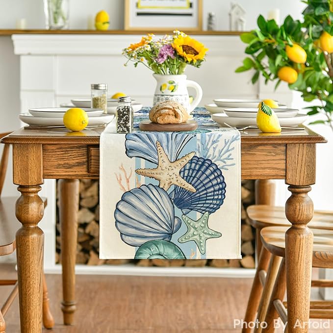 Artoid Mode Sea Shell Starfish Summer Table Runner,Spring Ocean Kitchen Dining Table Decoration for Home Party Decor 13x72 Inch